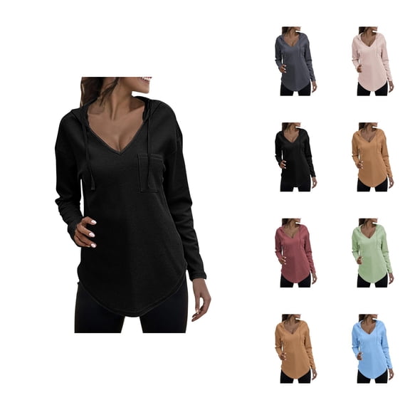 Womens Hoodie 2025 Long Sleeve V-Neck Knit Plain Hoodies Loose Casual Hooded Sweatshirt Hoodie Women Pullover