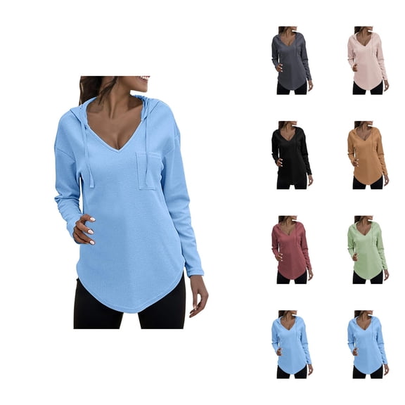 Womens Hoodie 2025 Long Sleeve V-Neck Knit Plain Hoodies Loose Casual Hooded Sweatshirt Hoodie Women Pullover