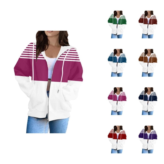Hoodies for Women 2025 Color Block Striped Long Sleeve Zip Up Hoodie with Pockets Hooded Sweatshirt Women Jacket