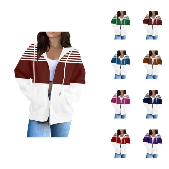 Hoodies for Women 2025 Color Block Striped Long Sleeve Zip Up Hoodie with Pockets Hooded Sweatshirt Women Jacket