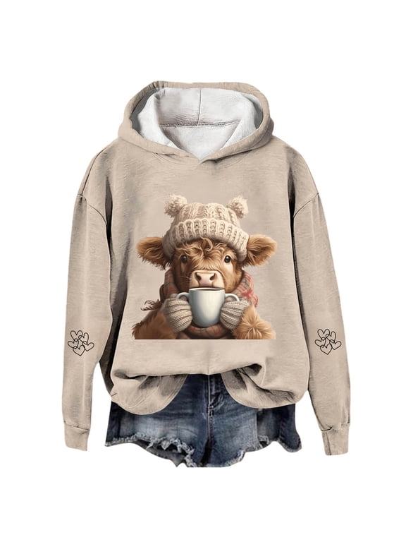 Womens Hoodie Casual Coffee Cup Highland Cow Graphic Pullover Hooded Long Sleeve Cottagecore Loungewear Top M