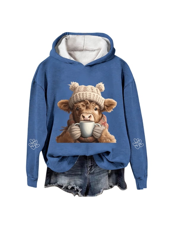 Womens Hoodie Casual Coffee Cup Highland Cow Graphic Pullover Hooded Long Sleeve Cottagecore Loungewear Top M