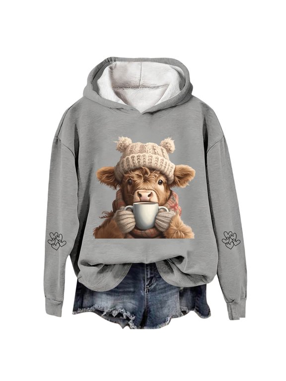 Womens Hoodie Casual Coffee Cup Highland Cow Graphic Pullover Hooded Long Sleeve Cottagecore Loungewear Top S