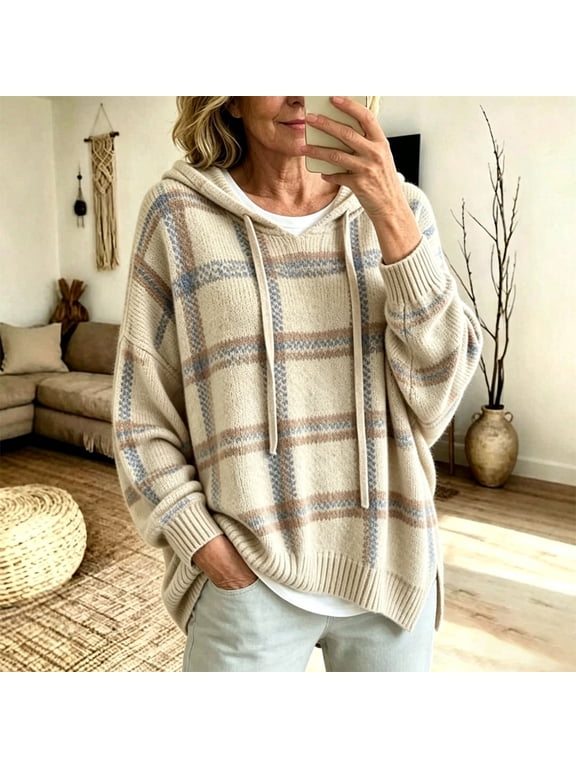 Womens Hoodie Casual Hooded Sweater Plaid Drawstring Sweatshirt Boho Long Sleeve Pullover Knit Loose Fit Top Beige 2XL