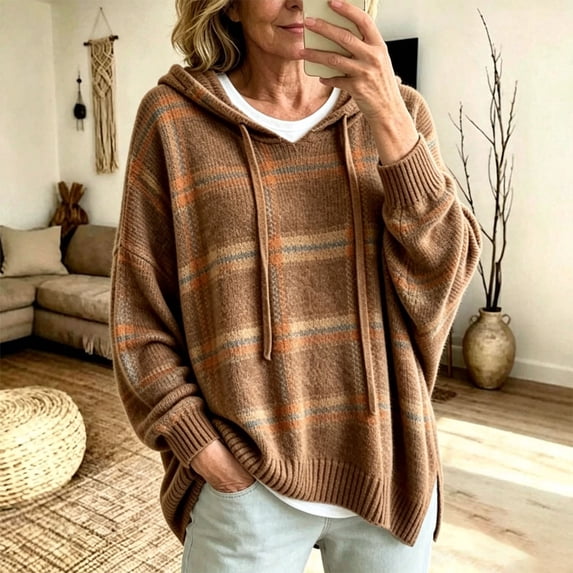 Womens Hoodie Casual Hooded Sweater Plaid Drawstring Sweatshirt Boho Long Sleeve Pullover Knit Loose Fit Top Brown S