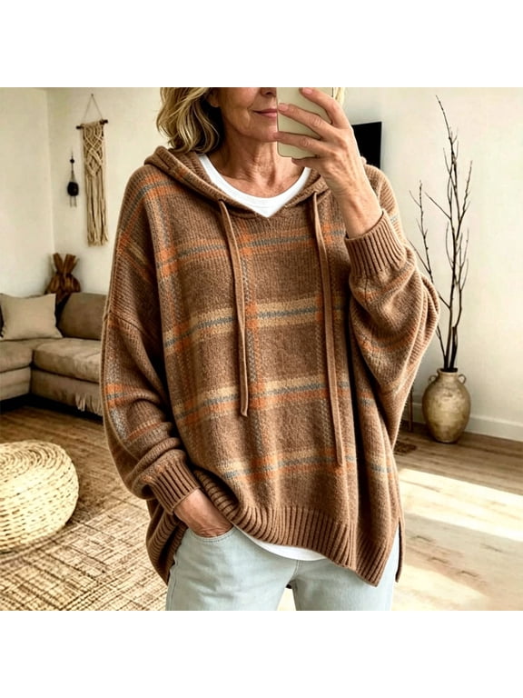Womens Hoodie Casual Hooded Sweater Plaid Drawstring Sweatshirt Boho Long Sleeve Pullover Knit Loose Fit Top Brown S