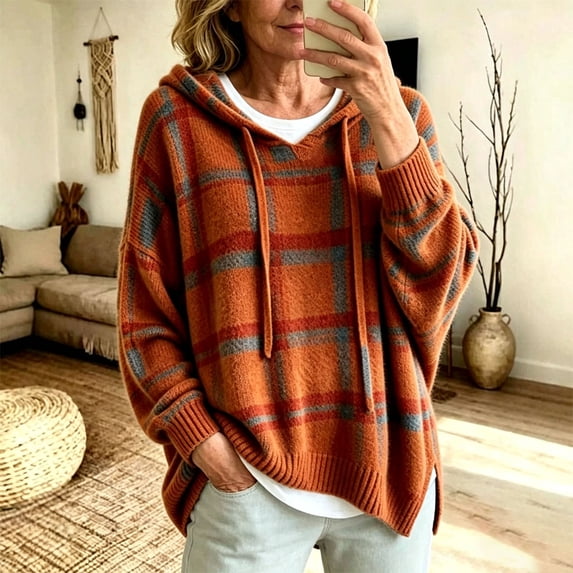 Womens Hoodie Casual Hooded Sweater Plaid Drawstring Sweatshirt Boho Long Sleeve Pullover Knit Loose Fit Top Orange 3XL