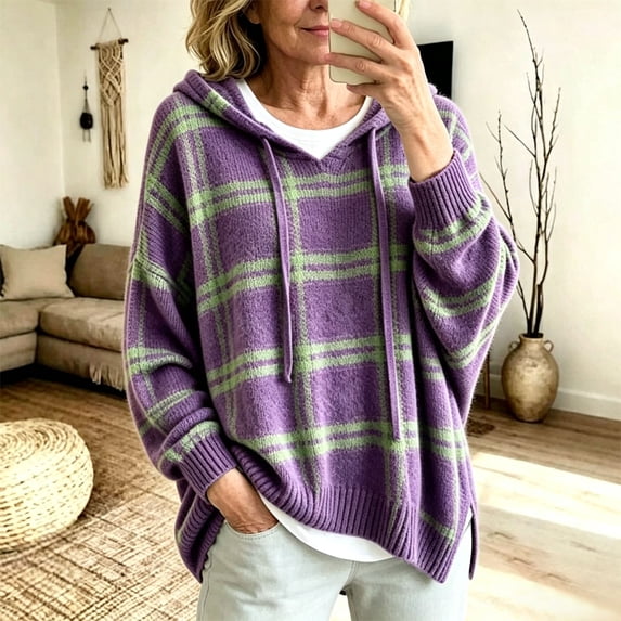 Womens Hoodie Casual Hooded Sweater Plaid Drawstring Sweatshirt Boho Long Sleeve Pullover Knit Loose Fit Top Purple M