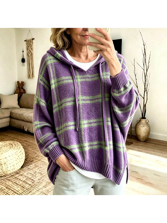 Womens Hoodie Casual Hooded Sweater Plaid Drawstring Sweatshirt Boho Long Sleeve Pullover Knit Loose Fit Top Purple S