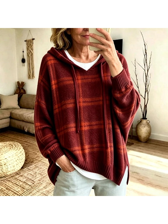 Womens Hoodie Casual Hooded Sweater Plaid Drawstring Sweatshirt Boho Long Sleeve Pullover Knit Loose Fit Top S
