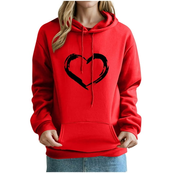 Womens Hoodie Classic Drawstring Hooded Sweatshirts with Pockets Long Sleeve Tops Hearts Printed Sweater Casual Pullover Comfy Sportswear Loose Fit Coat with Hood Womens Sweatshirtss Size 8-16