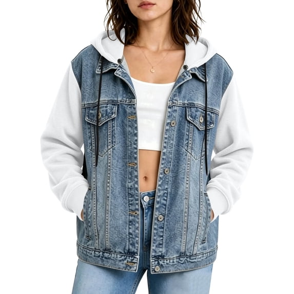 Womens Hoodie Denim Jackets Lightweight Casual Long Sleeve Button up Drawstring Jeans Sweatshirt with Hood, L