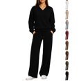 thumbnail image 1 of Womens Hoodie Dqueduo Women's Casual Loose V-Neck Long Sleeve Pullover Top And High Waist Wide Leg Pants Tracksuit Set, Sizes S-XXL, 1 of 9