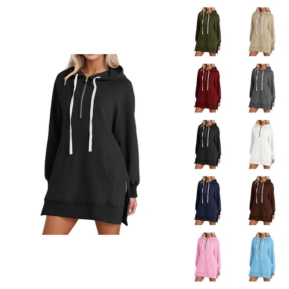 Womens Hoodie Dress 2026 Fall Winter Casual Long Sleeve 1/2 Zip Side Split Hem Hooded Sweatshirt Dress with Pockets Pullover