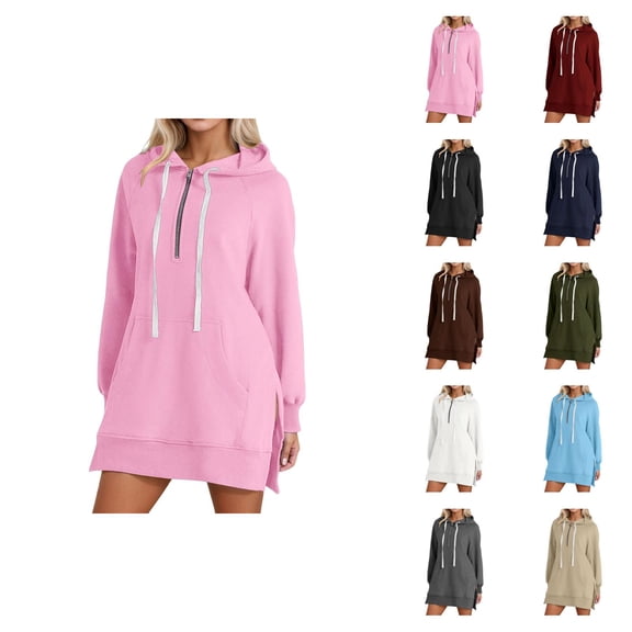 Womens Hoodie Dress 2026 Fall Winter Fashion Long Sleeve 1/2 Zip Side Split Hem Hooded Sweatshirt Dress with Pockets Pullover
