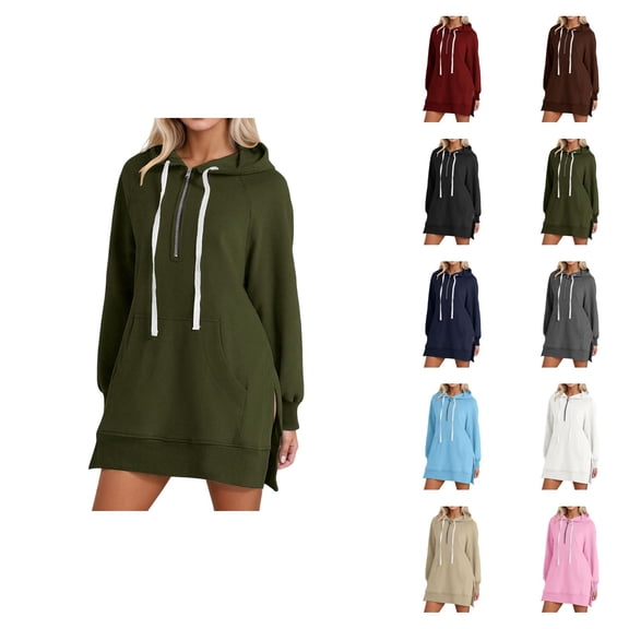 Womens Hoodie Dress 2026 Fall Winter Fashion Long Sleeve Half Zip Side Slit Hem Hooded Sweatshirt Dress Pullover with Pockets