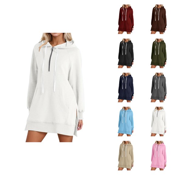 Womens Hoodie Dress 2026 Fall Winter Fashion Long Sleeve Half Zip Side Slit Hem Hooded Sweatshirt Dress Pullover with Pockets