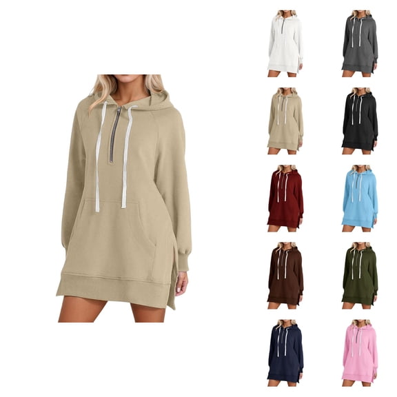 Womens Hoodie Dress 2026 Fall Winter Fashion Long Sleeve Half Zip Side Slit Hem Hooded Sweatshirt Dress with Pockets Pullover