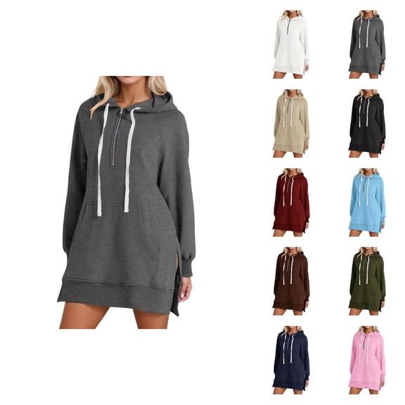 Womens Hoodie Dress 2026 Fall Winter Fashion Long Sleeve Half Zip Side Slit Hem Hooded Sweatshirt Dress with Pockets Pullover