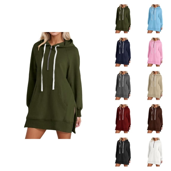 Womens Hoodie Dress 2026 Fall Winter Fashion Long Sleeve Side Slit Hem 1/2 Zip Hooded Sweatshirt Dress Pullover with Pockets