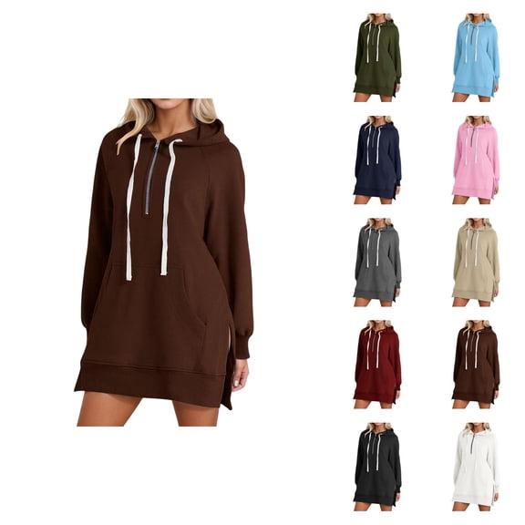 Womens Hoodie Dress 2026 Fall Winter Fashion Long Sleeve Side Slit Hem 1/2 Zip Hooded Sweatshirt Dress Pullover with Pockets