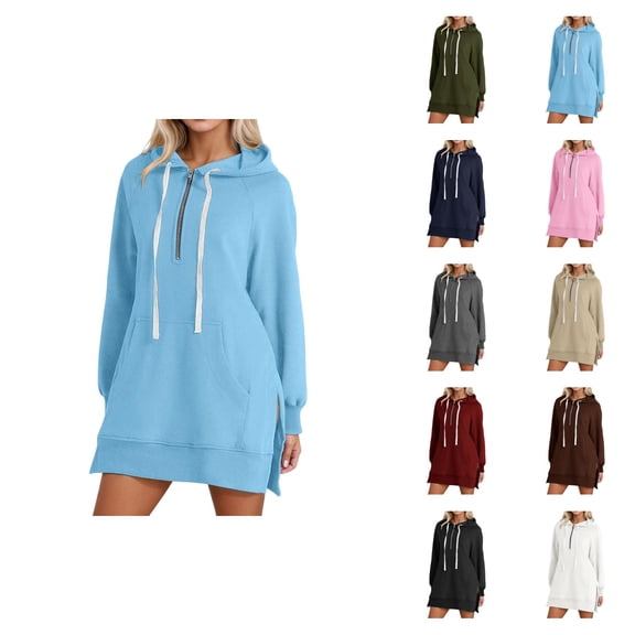 Womens Hoodie Dress 2026 Fall Winter Fashion Long Sleeve Side Slit Hem 1/2 Zip Hooded Sweatshirt Dress Pullover with Pockets