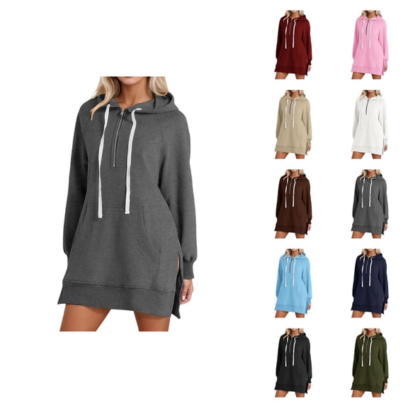 Womens Hoodie Dress 2026 Fall Winter Fashion Long Sleeve Side Slit Hem 1/2 Zip Hooded Sweatshirt Dress Pullover with Pockets