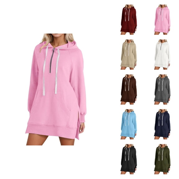 Womens Hoodie Dress 2026 Fall Winter Fashion Long Sleeve Side Slit Hem 1/2 Zip Hooded Sweatshirt Dress Pullover with Pockets
