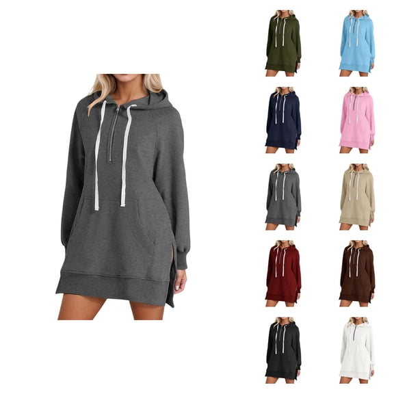 Womens Hoodie Dress 2026 Fall Winter Fashion Long Sleeve Side Slit Hem 1/2 Zip Hooded Sweatshirt Dress Pullover with Pockets