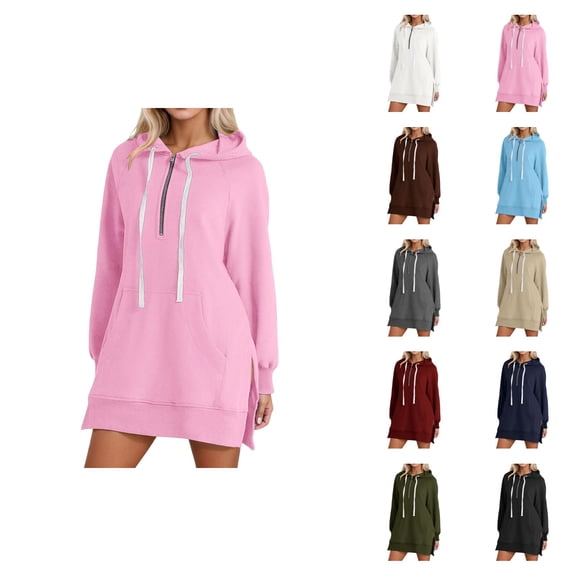 Womens Hoodie Dress 2026 Fall Winter Fashion Long Sleeve Side Slit Hem Half Zip Hooded Sweatshirt Dress Pullover with Pockets