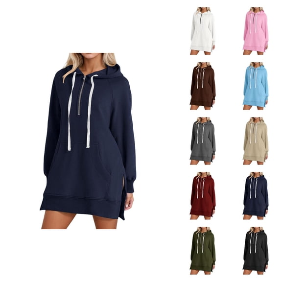 Womens Hoodie Dress 2026 Fall Winter Fashion Long Sleeve Side Slit Hem Half Zip Hooded Sweatshirt Dress Pullover with Pockets