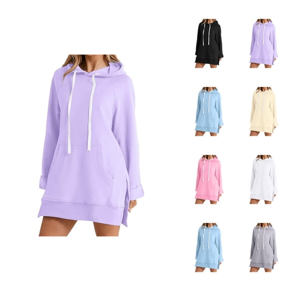 Womens Hoodie Dress 2026 Fall Winter Fashion Long Sleeve Side Slit Hem Hooded Sweatshirt Dress Pullover Top with Pockets