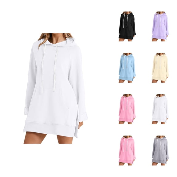 Womens Hoodie Dress 2026 Fall Winter Fashion Long Sleeve Side Slit Hem Hooded Sweatshirt Dress Pullover Top with Pockets