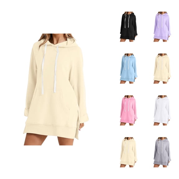 Womens Hoodie Dress 2026 Fall Winter Fashion Long Sleeve Side Slit Hem Hooded Sweatshirt Dress Pullover Top with Pockets