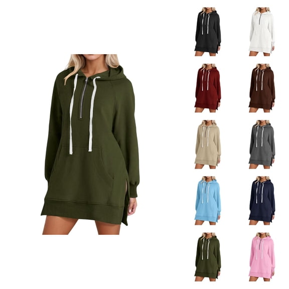 Womens Hoodie Dress 2026 Fall Winter Fashion Long Sleeve Side Split Hem 1/2 Zip Hooded Sweatshirt Dress with Pockets Pullover