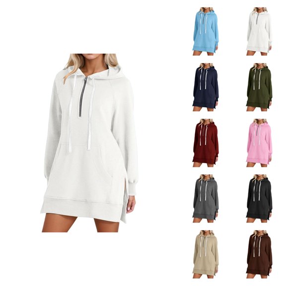 Womens Hoodie Dress 2026 Fall Winter Trendy Long Sleeve 1/2 Zip Side Split Hem Hooded Sweatshirt Dress Pullover with Pockets