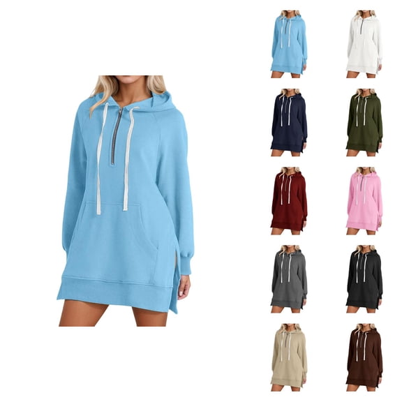 Womens Hoodie Dress 2026 Fall Winter Trendy Long Sleeve 1/2 Zip Side Split Hem Hooded Sweatshirt Dress Pullover with Pockets