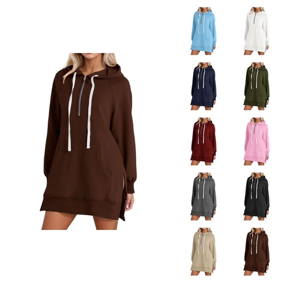 Womens Hoodie Dress 2026 Fall Winter Trendy Long Sleeve 1/2 Zip Side Split Hem Hooded Sweatshirt Dress Pullover with Pockets