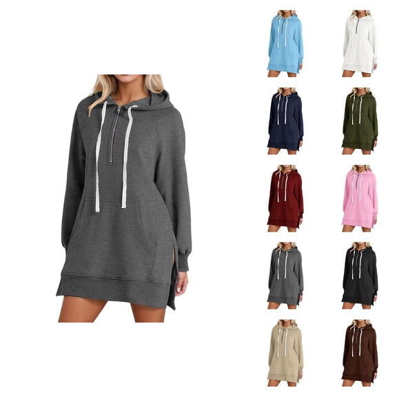 Womens Hoodie Dress 2026 Fall Winter Trendy Long Sleeve 1/2 Zip Side Split Hem Hooded Sweatshirt Dress Pullover with Pockets