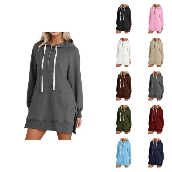 Womens Hoodie Dress 2026 Fall Winter Trendy Long Sleeve Half Zip Side Slit Hem Hooded Sweatshirt Dress Pullover with Pockets