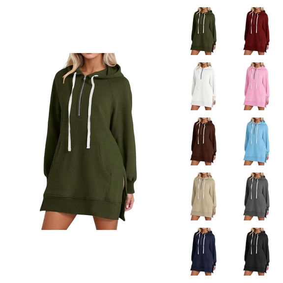 Womens Hoodie Dress 2026 Fall Winter Trendy Long Sleeve Side Slit Hem 1/2 Zip Hooded Sweatshirt Dress Pullover with Pockets
