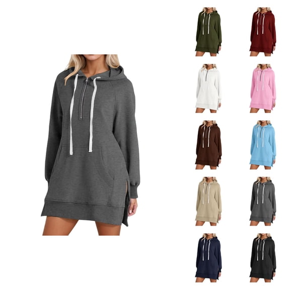 Womens Hoodie Dress 2026 Fall Winter Trendy Long Sleeve Side Slit Hem 1/2 Zip Hooded Sweatshirt Dress Pullover with Pockets