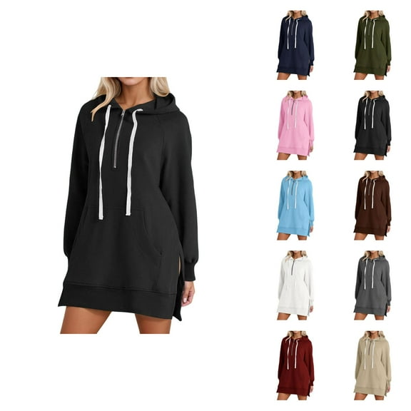 Womens Hoodie Dress 2026 Fall Winter Trendy Long Sleeve Side Slit Hem 1/2 Zip Hooded Sweatshirt Dress with Pockets Pullover