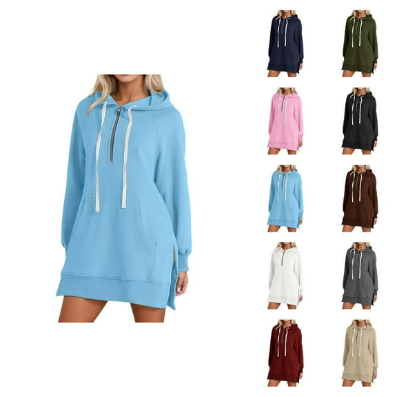 Womens Hoodie Dress 2026 Fall Winter Trendy Long Sleeve Side Slit Hem 1/2 Zip Hooded Sweatshirt Dress with Pockets Pullover