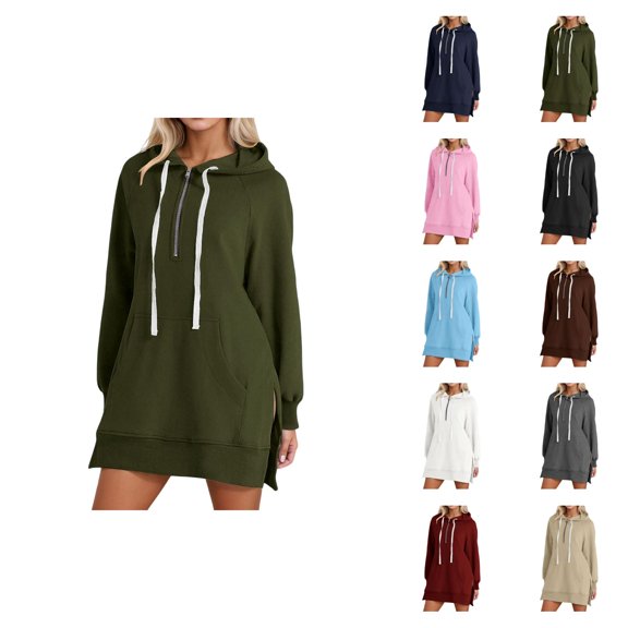 Womens Hoodie Dress 2026 Fall Winter Trendy Long Sleeve Side Slit Hem 1/2 Zip Hooded Sweatshirt Dress with Pockets Pullover