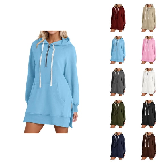Womens Hoodie Dress 2026 Fall Winter Trendy Long Sleeve Side Slit Hem 1/2 Zip Hooded Sweatshirt Dress with Pockets Pullover