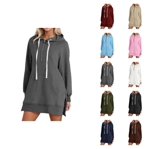 Womens Hoodie Dress 2026 Fall Winter Trendy Long Sleeve Side Slit Hem 1/2 Zip Hooded Sweatshirt Dress with Pockets Pullover