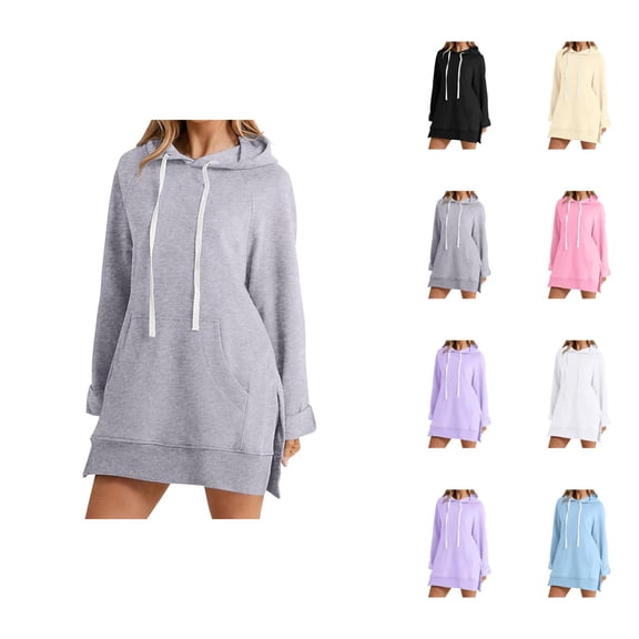 Womens Hoodie Dress 2026 Fall Winter Trendy Long Sleeve Side Slit Hem Hooded Sweatshirt Dress Pullover Top with Pockets