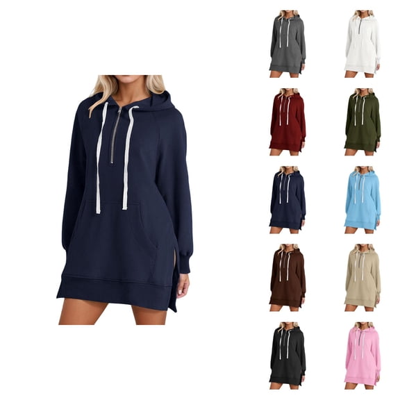 Womens Hoodie Dress 2026 Fall Winter Trendy Long Sleeve Side Split Hem 1/2 Zip Hooded Sweatshirt Dress with Pockets Pullover