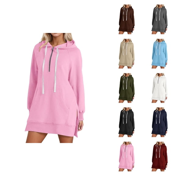 Womens Hoodie Dress 2026 Fall Winter Trendy Long Sleeve Side Split Hem 1/2 Zip Hooded Sweatshirt Dress with Pockets Pullover